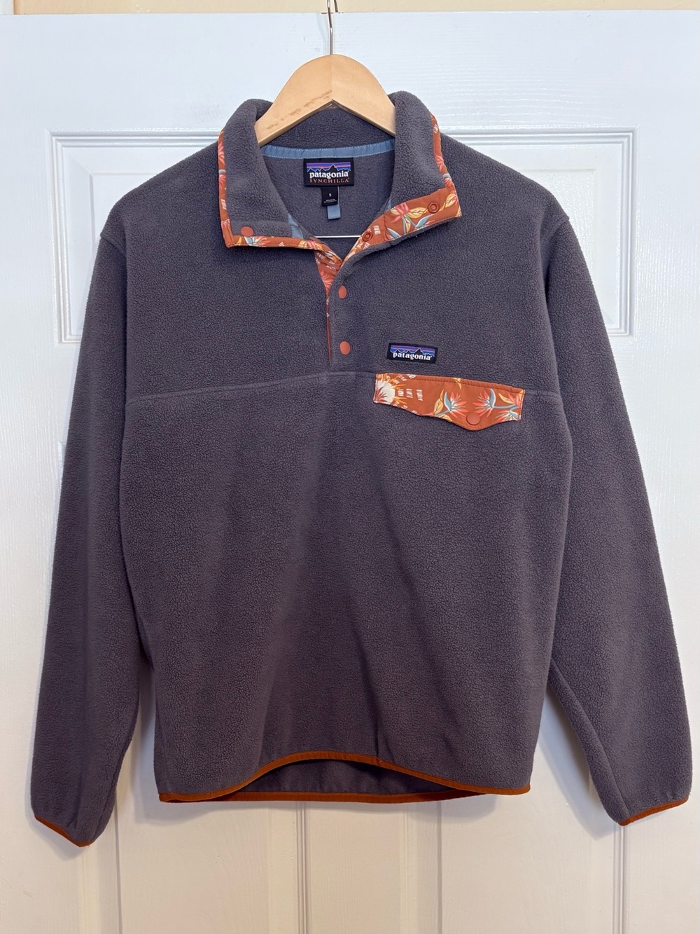 Patagonia Synchilla Fleece Pullover S Gray Orange Floral Trim Retro Outdoor